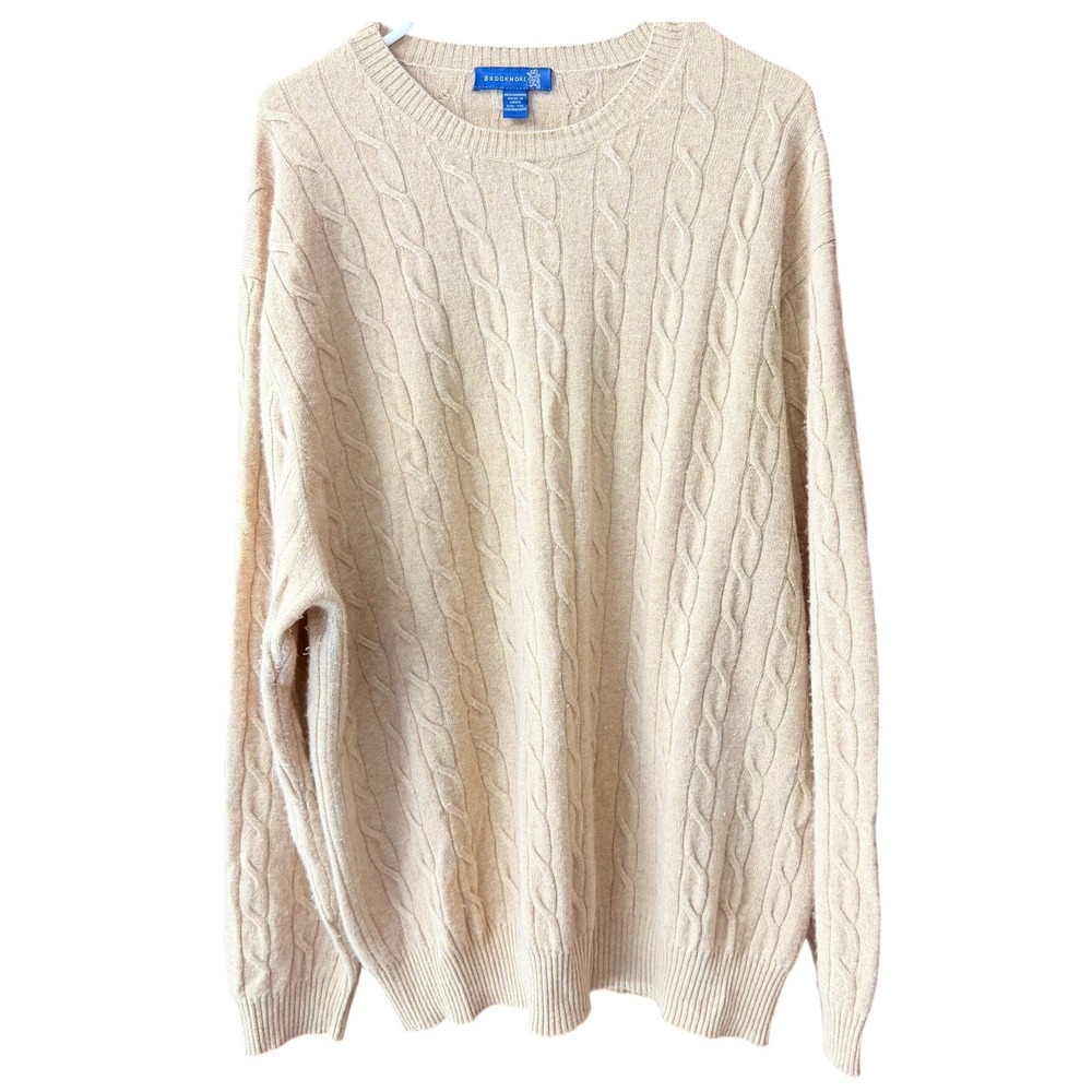 Brookmore Mens XXL‎ Cashmere Cable Knit Crewneck Sweater Tan Oatmeal Tan Heather